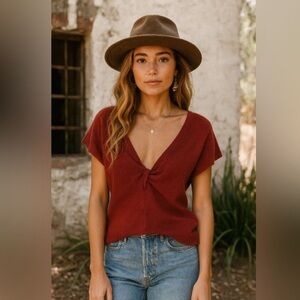 Joie Burgundy V-Neck Knotted Tee - Preloved